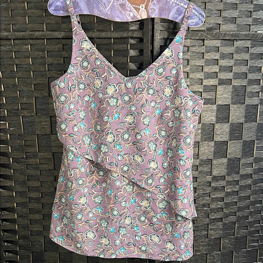 CAbi Lavender Floral V-Neck Camisole with Aqua and Cream Accents